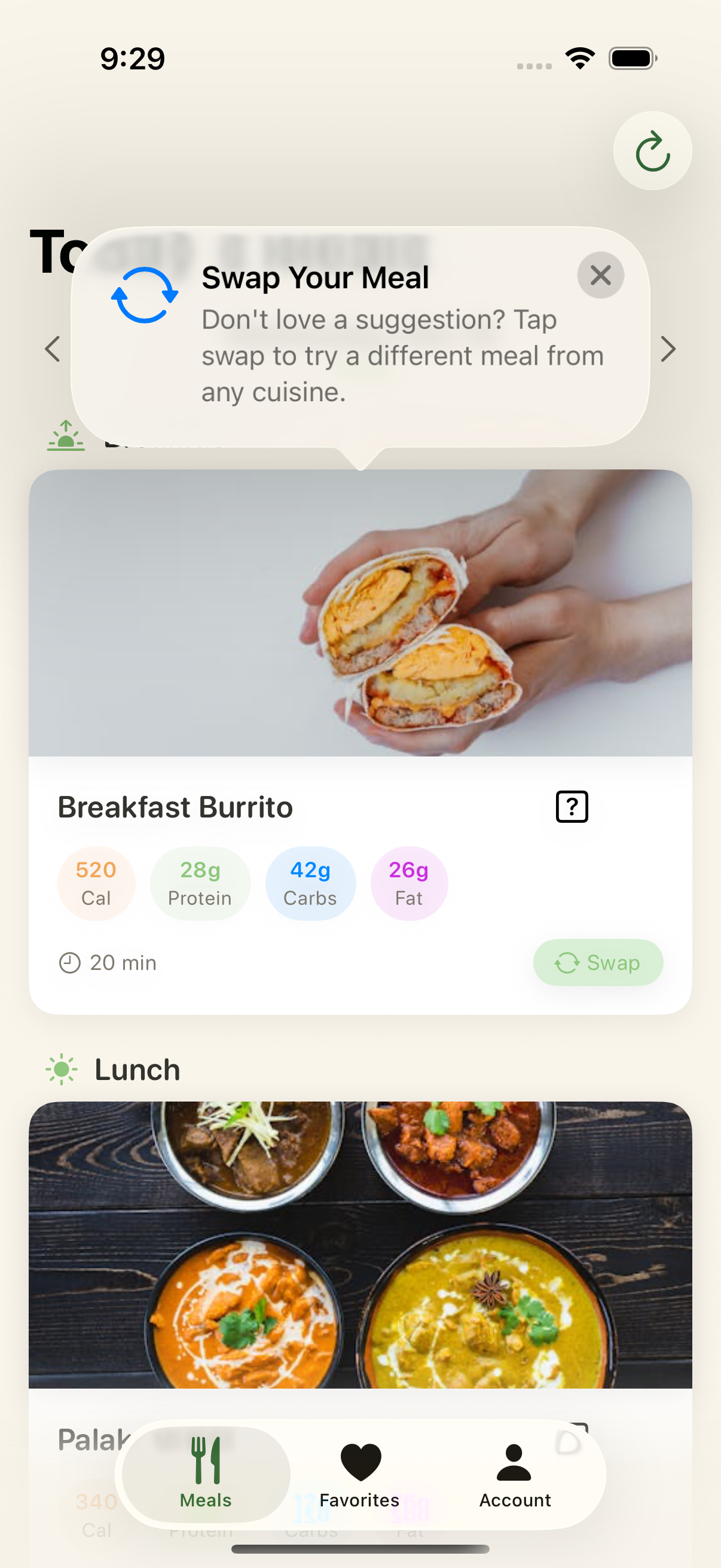 Grubly app meal plan screen